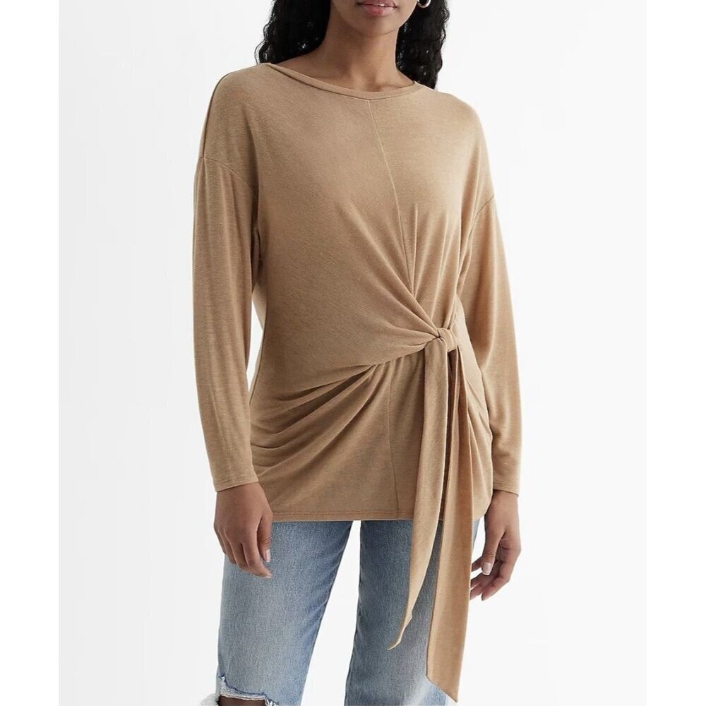 Express Womens Skimming Lightweight Crew Neck Long Sleeve Tie Front Tee Size S